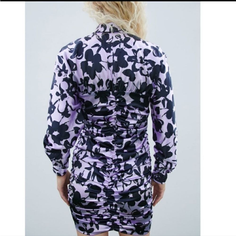 Zara Satin Effect Black and Lilac Dress Sz Large - Picture 2 of 8
